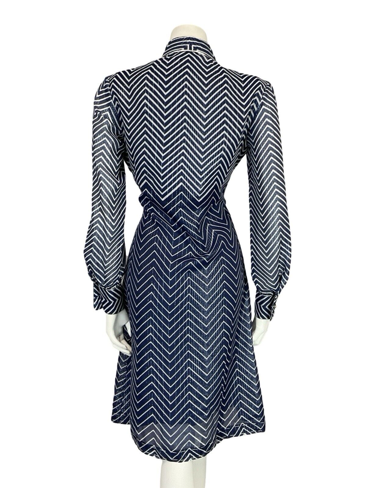 VTG 70S NAVY BLUE WHITE SPARKLE STRIPE DAGGER COLLAR PARTY SHIRT DRESS 12