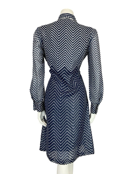 VTG 70S NAVY BLUE WHITE SPARKLE STRIPE DAGGER COLLAR PARTY SHIRT DRESS 12