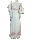 VTG 70s WHITE PINK FLORAL DETAIL ANGEL SLEEVE RUFFLE NECKLINE MAXI DRESS 10