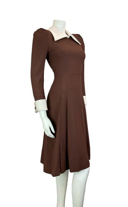 VTG 70S BROWN WHITE WING COLLAR PLEATED LONG SLEEVE MIDI DRESS SIZE 6