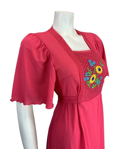 VINTAGE 1970s HOT PINK YELLOW BLUE BOHO FLORAL EMBROIDERED DRESS 8 10