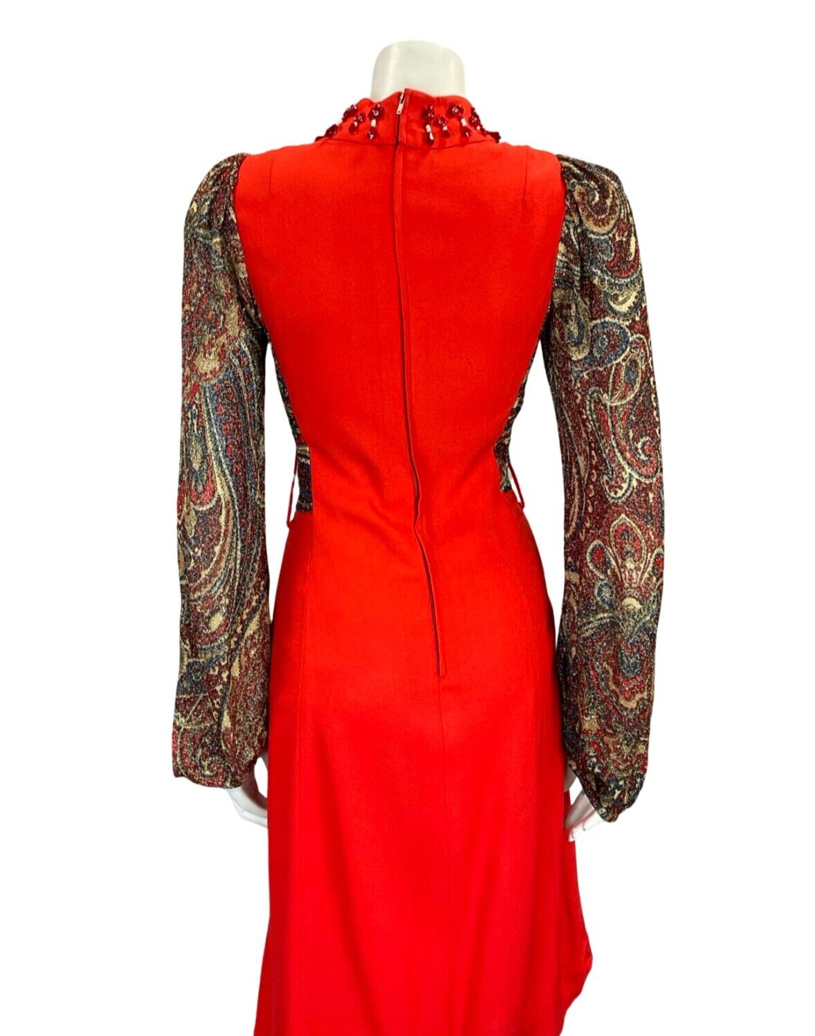 VTG 60S 70S RED CREAM BEADED PSYCHEDELIC PAISLEY LUREX LONG SLEEVE DRESS 4