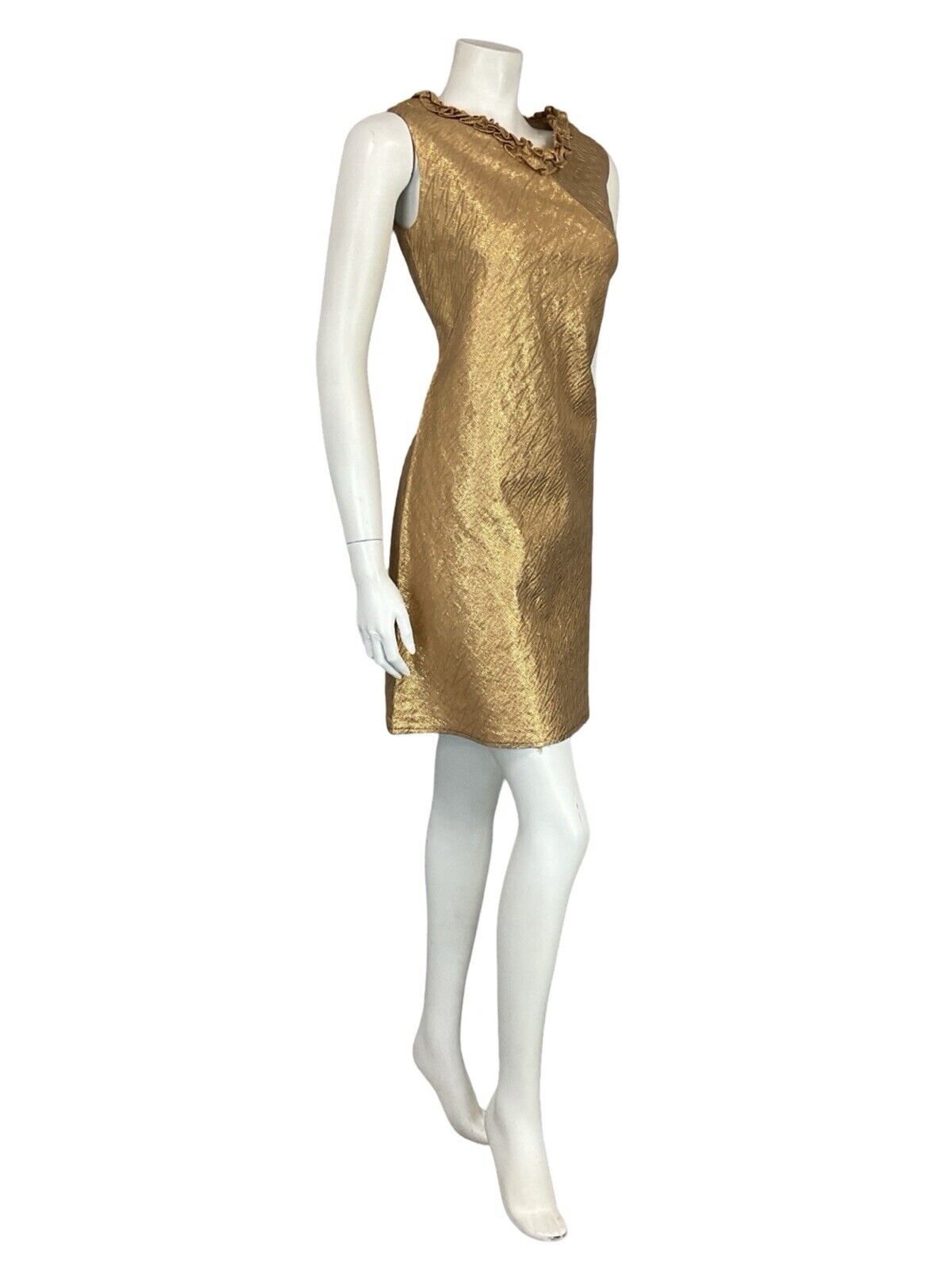 VTG 60S MOD GOLD ZIG ZAG RUFFLE NECK SLEEVELESS MINI SHIFT PARTY DRESS 10