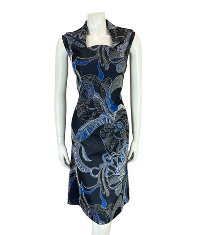 VTG 60S 70S NAVY SILVER BLUE WING NECK LUREX PSYCHDELIC FLORAL DRESS 12 14