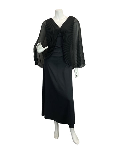 VINTAGE 60s 70s BLACK PLEATED CAPE SLEEVE EVENING ELEGANT GOWN MAXI DRESS 10 12