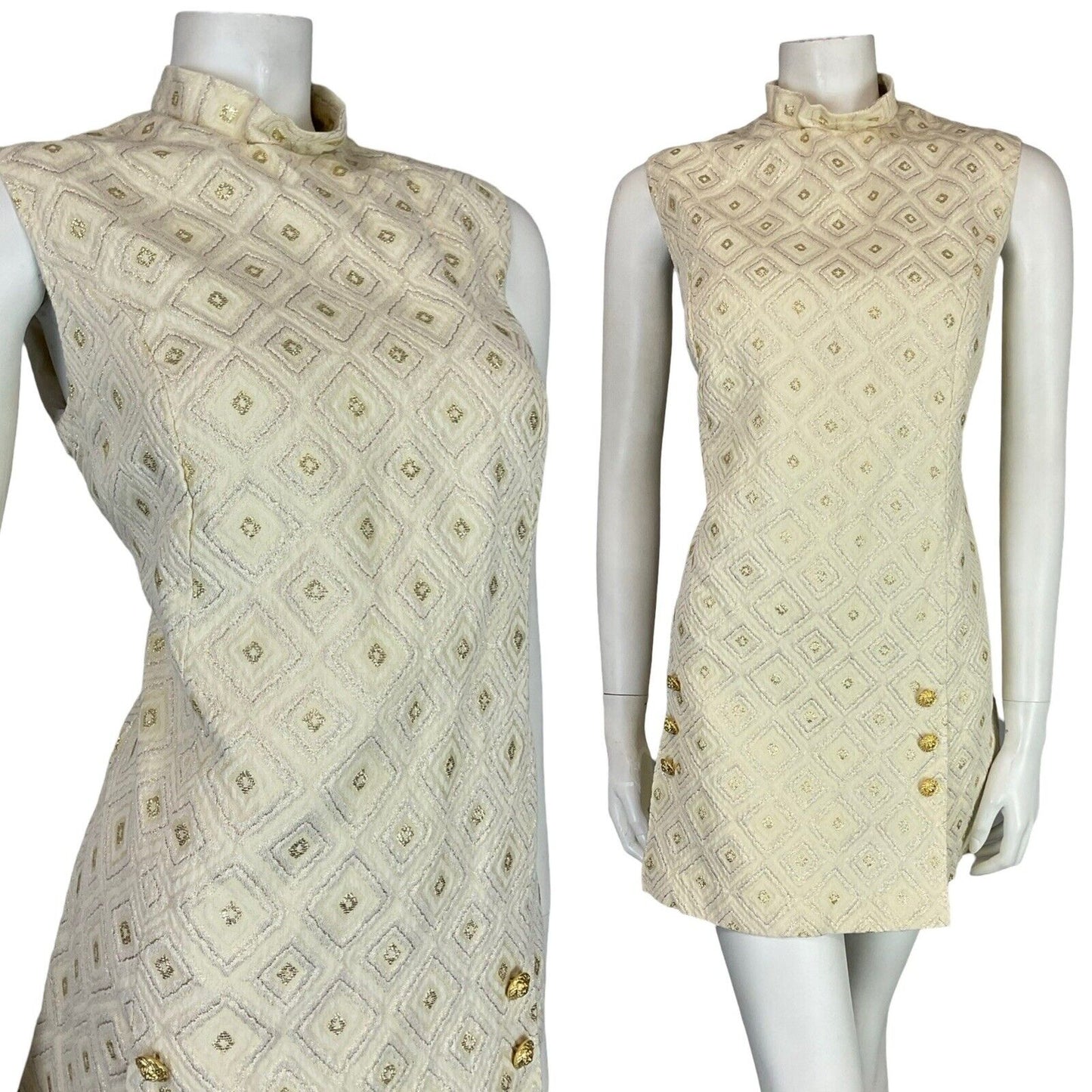 VTG 60S MOD GOLD CREAM FUNNEL NECK DIAMOND GEOMETRIC TUNIC PARTY DRESS M 12 14