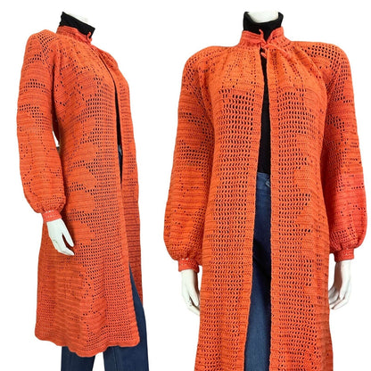 VTG 70S ORANGE HAND KNITTED FLORAL BOHO CARDIGAN TIE NECK BISHOP SLEEVE 10 12 14