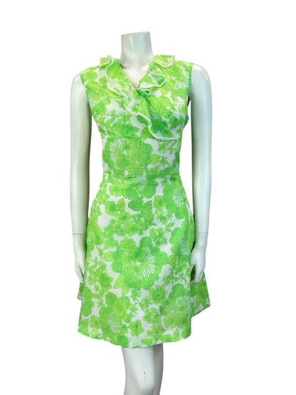 VTG 60S 70S FLORAL WRAP RUFFLE MOD MINI DRESS GREEN WHITE 10