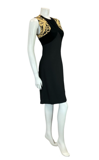 VTG 60S MOD BLACK WOOL GOLD BROCADE SLEEVELESS VELVET EVENING DRESS 10