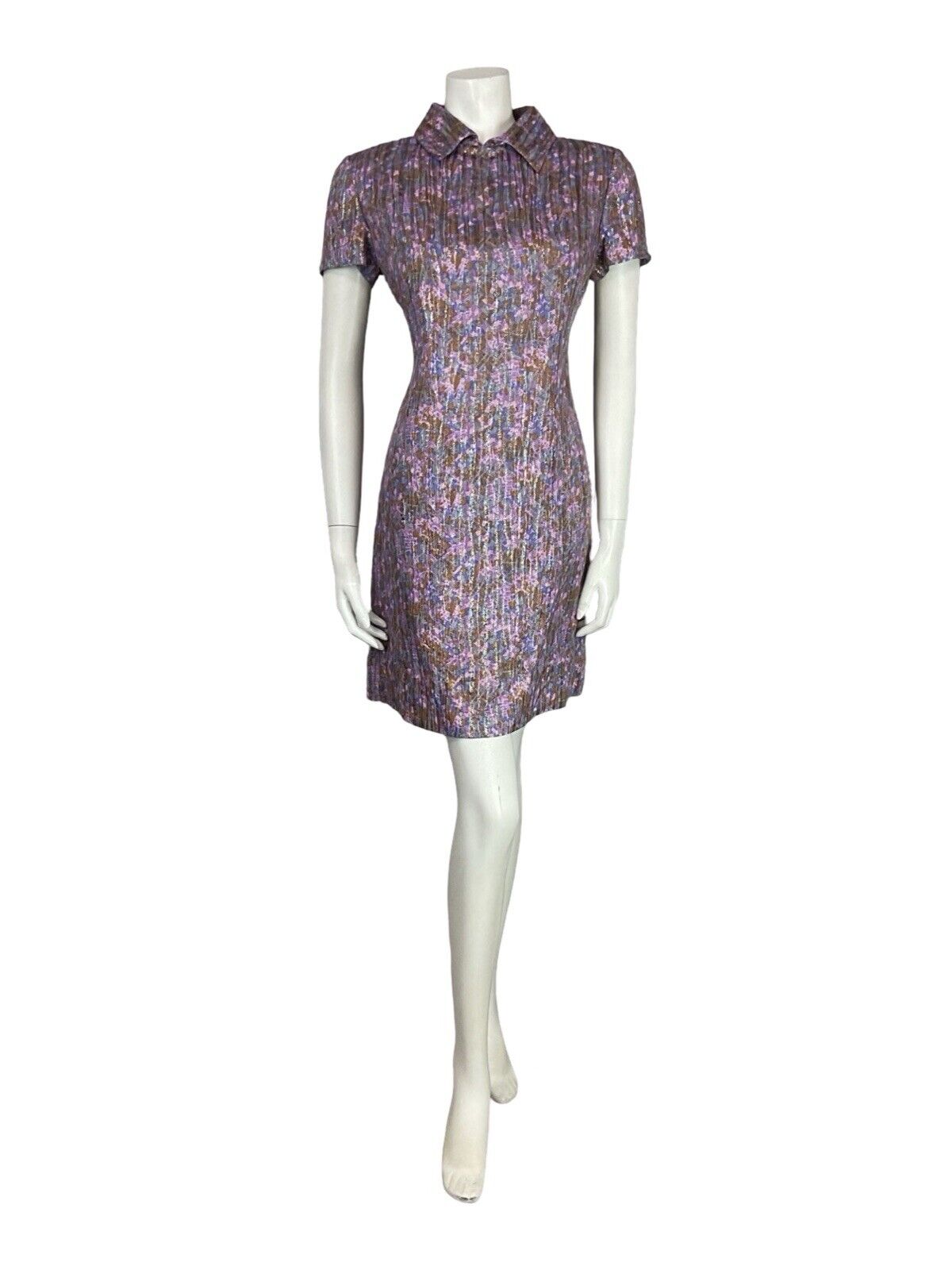 VTG 60S MOD IRIDESCENT METALLIC PURPLE PINK SPARKLY PARTY SHIRT MINI DRESS 10 12