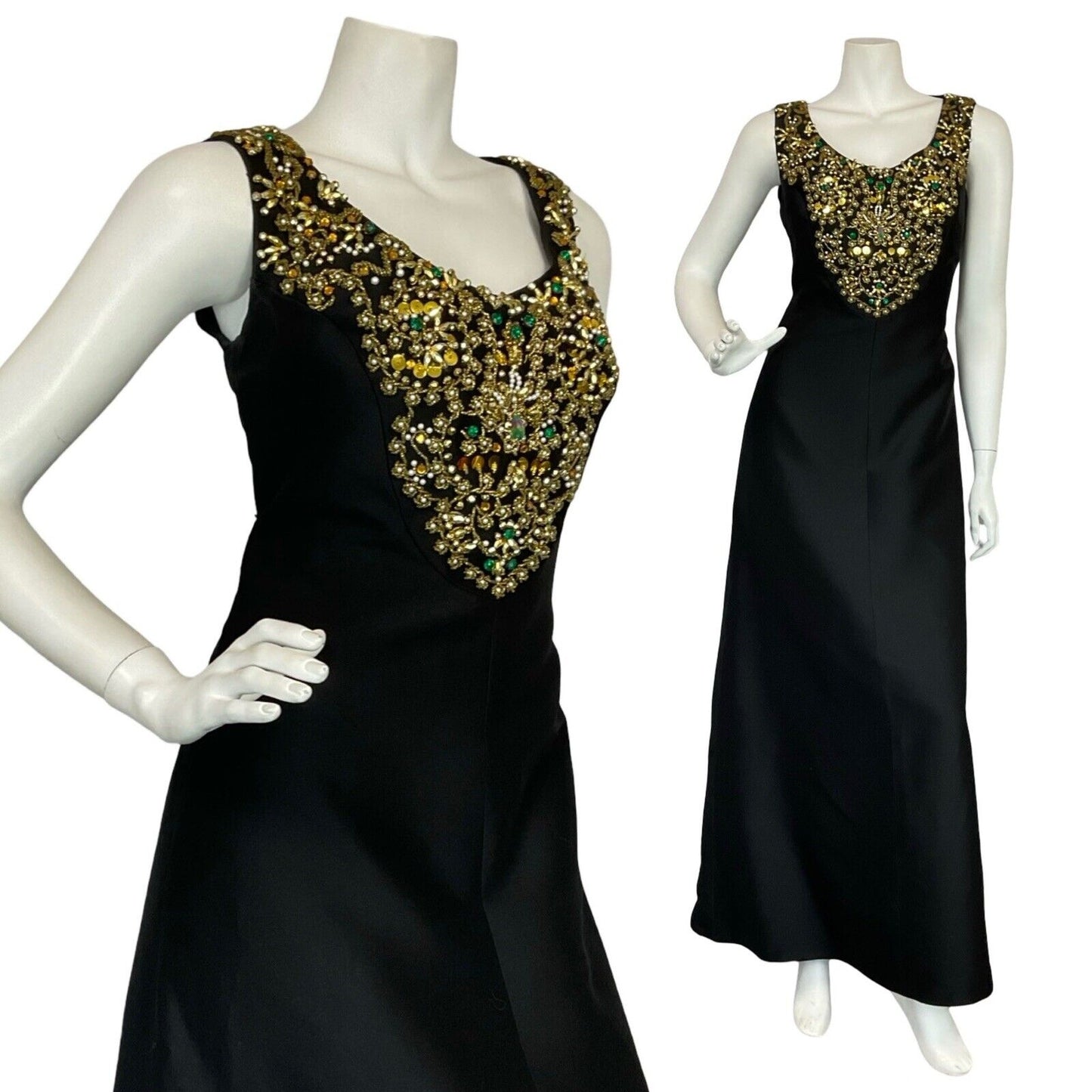 VTG 60S BLACK GOLD PEARL SEQUIN BEADED EMBELLISHED MAXI PARTY DRESS 10