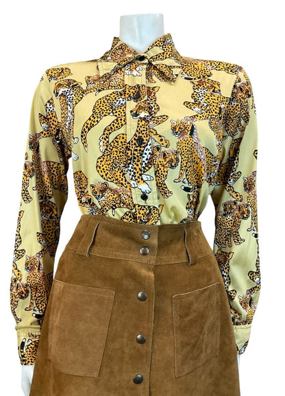 VTG 70S DAGGER COLLAR GOLD YELLOW LEOPARD PATTERN SHIRT TWINS INC MIAMI 14 M