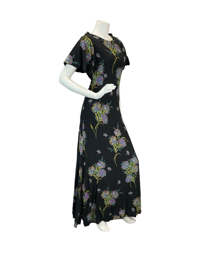 VTG 60s 70s BLACK MULTICOLOUR FLORAL BUTTERFLY SLEEVE MAXI DRESS 8