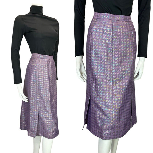 VTG 60S MOD DOGTOOTH IRIDESCENT SPARKLY PURPLE GOLD BLUE PARTY MIDI SKIRT 12 14