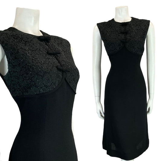 VTG 60S MOD TAILORED DAINTY GLITTERY LACE BOW SLEEVELESS BLACK PARTY DRESS 10