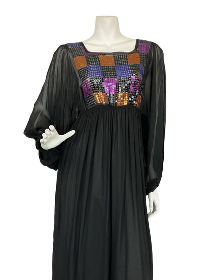 VTG 70S DISCO MESH BLACK PURPLE ORANGE SEQUIN BATWING FLOATY PARTY DRESS 6 8