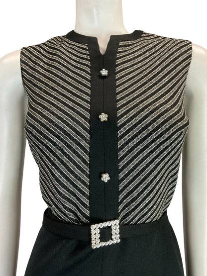 VTG 60S BLACK SILVER STRIPED DIAMANTE PARTY DAISY BUTTON SLEEVELESS DRESS 10 12