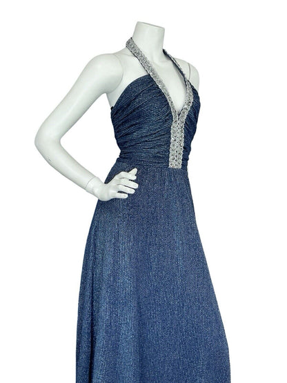 VTG 70S STUDIO 54  BLUE SILVER SEQUIN TRIM STRIPED HALTER NECK MAXI DRESS 8 10 S