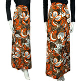 VTG 70S BROWN ORANGE WHITE BLACK FLORAL PSYCHEDELIC MAXI SKIRT SIZE 10