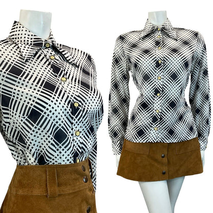 VTG 60S 70S GEOMETRIC PSYCHDELIC BLACK WHITE LONG SLEEVE DAGGER COLLAR SHIRT 12