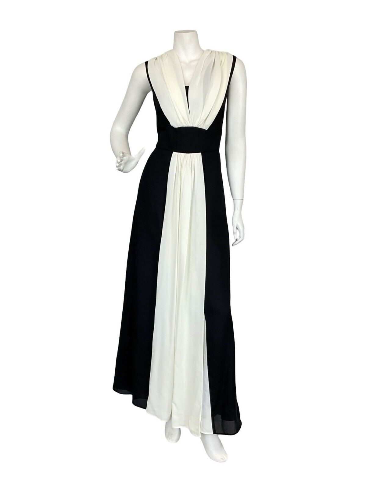 VTG 60S BLACK WHITE FLOATY RUCHED GRECO ROMAN EVENING MAXI DRESS M 12 14