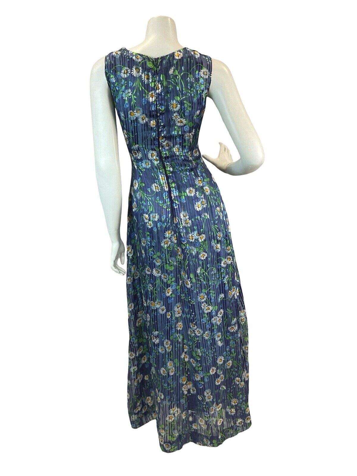 VINTAGE 60s 70s DAISY PRINT BLUE SEMI-SHEER LINED MAXI DRESS 10 12