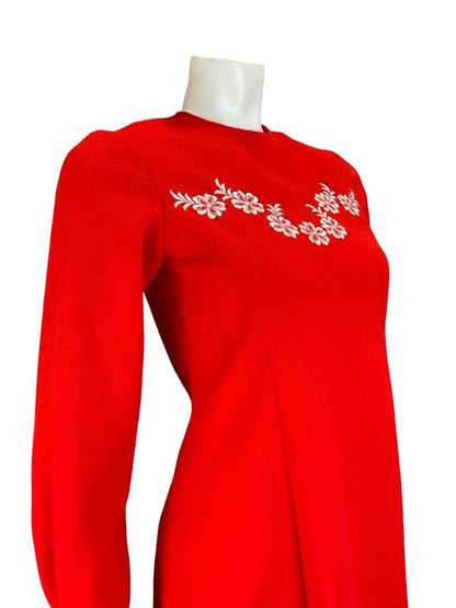 VTG 60S RED WHITE MOD GOGO FLOWER EMBROIDERED WESTERN LONG SLEEVE MINI DRESS 6