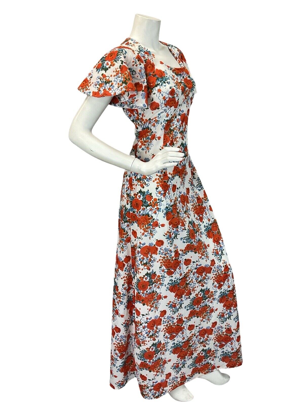 VTG 60s 70s BUTTERFLY CAP SLEEVE MULTICOLOUR FLORAL BOHO MAXI DRESS 8 10