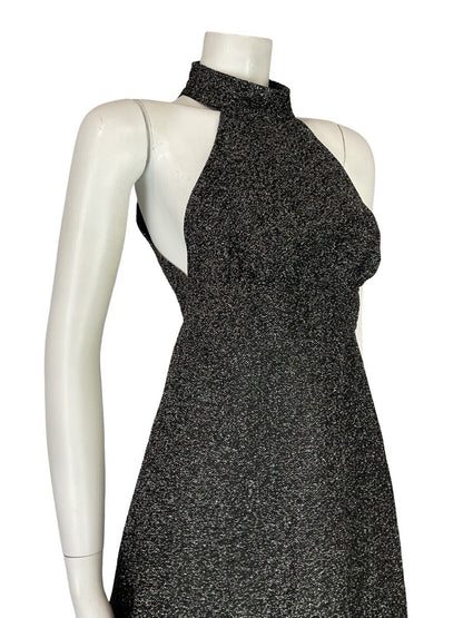 VTG 70S STUDIO 54 SILVER LUREX HALTER NECK FLARE DISCO PARTY MINI DRESS 8