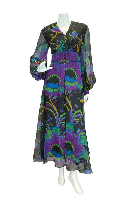 VTG 70S WEDDING PSYCHEDELIC FLORAL PURPLE GREEN BLACK BLUE MAXI DRESS 10 12