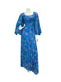 VTG 70S WEDDING OCCASION FLORAL CAPE SLEEVE MAXI DRESS BLUE PINK 10 12