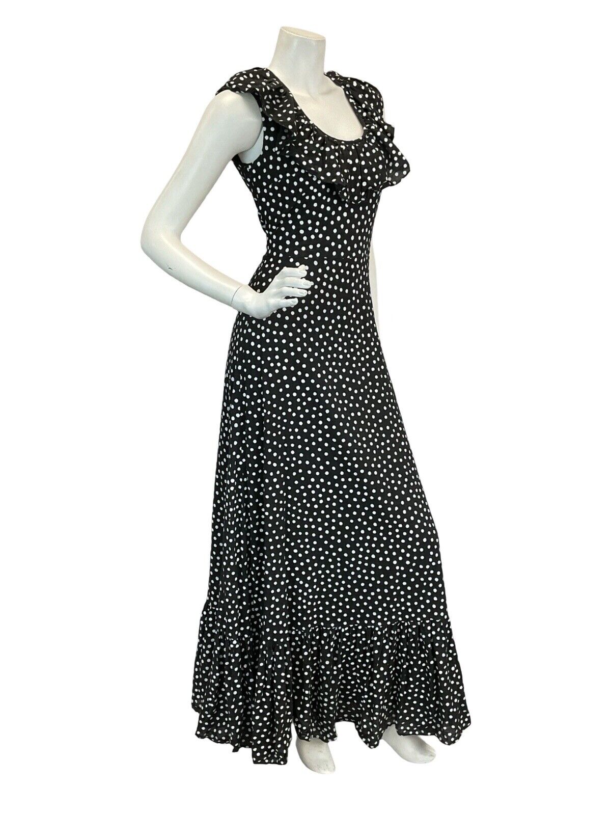 VTG VERA MONT POLKA DOT BLACK WHITE SLEEVELESS RUFFLE SUMMER MAXI DRESS 8 10