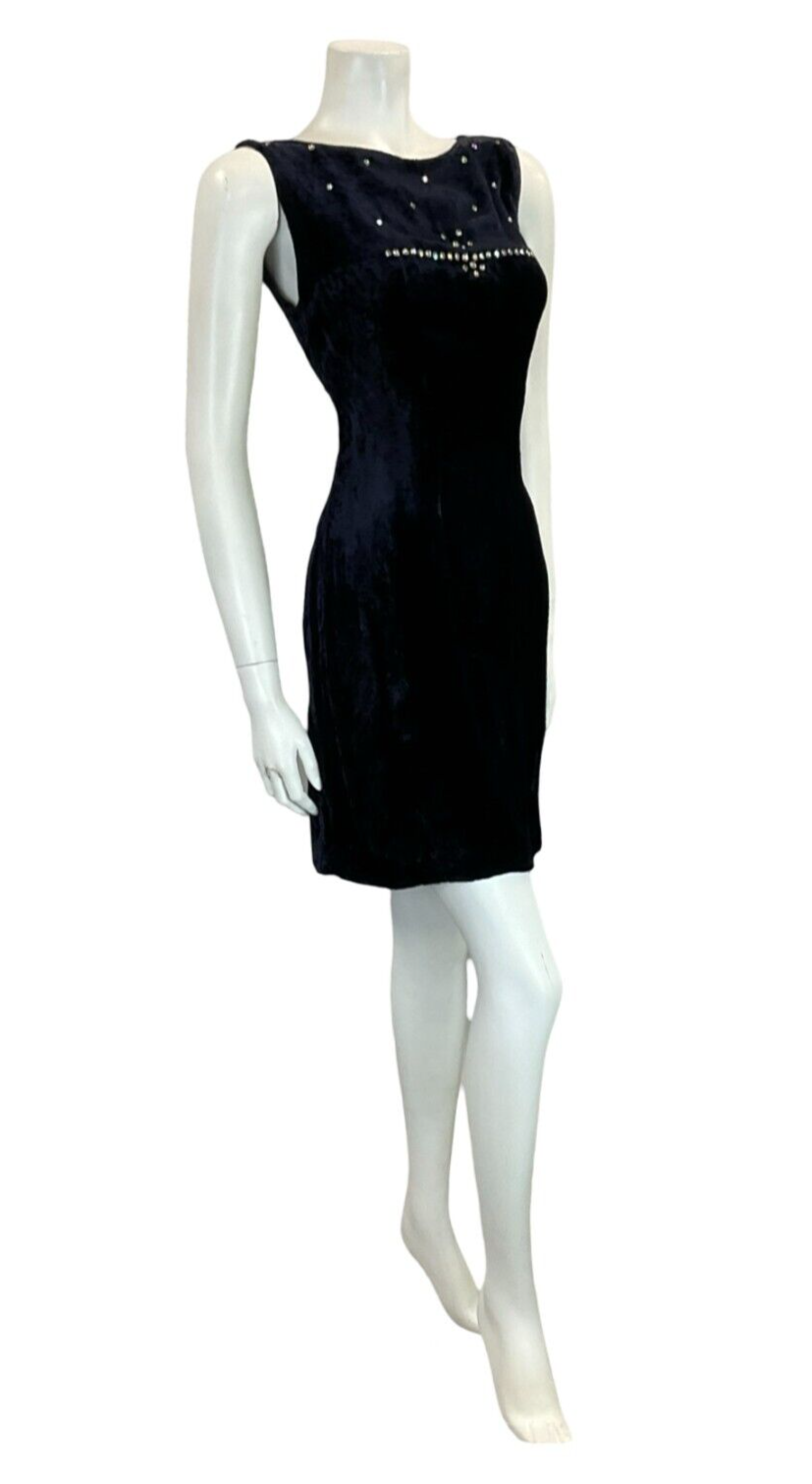 *needs close upVTG 60S NAVY BLUE HANDMADE VELVET DIAMANTE BOAT NECK MINI DRESS 8