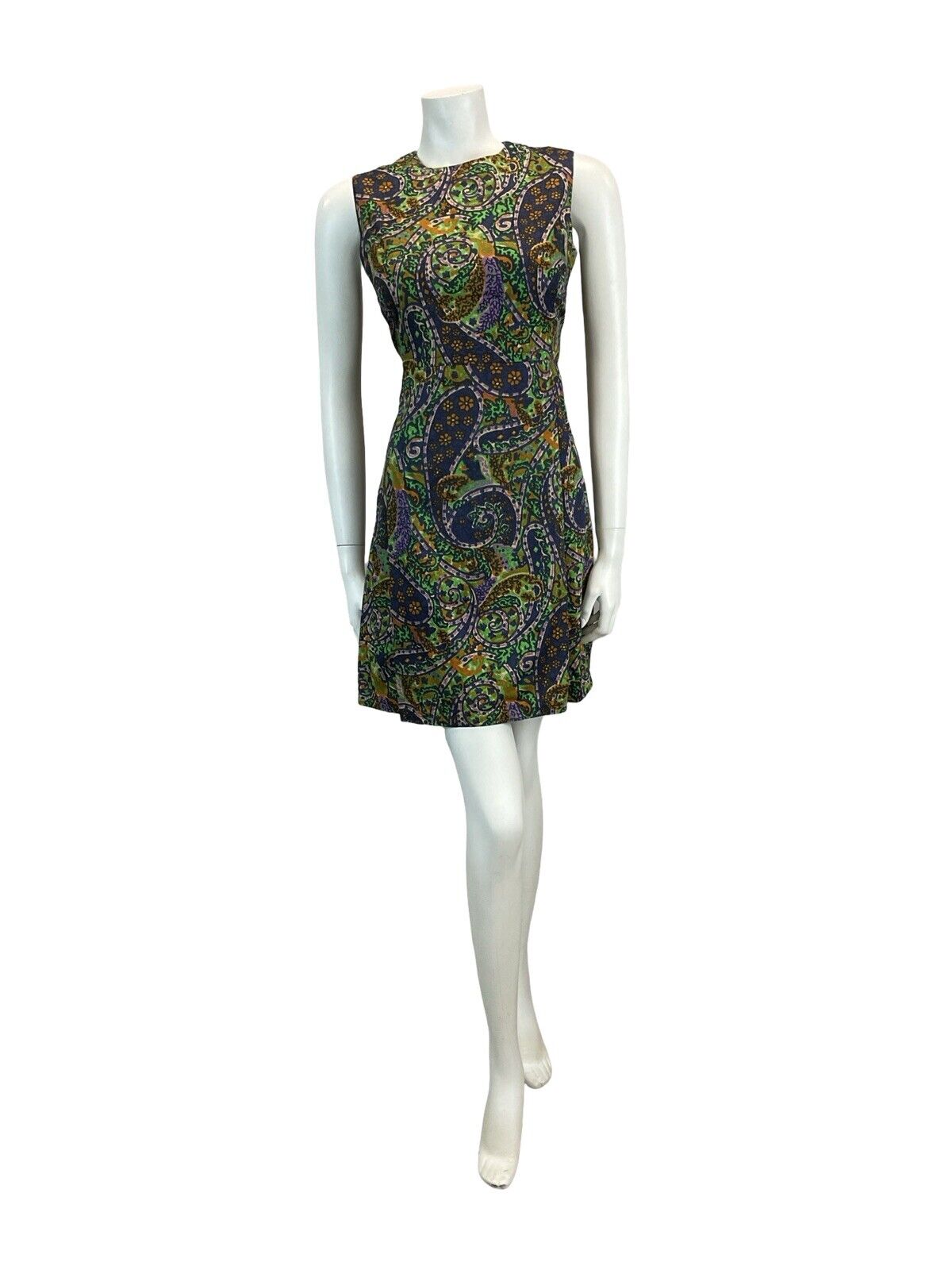 VTG 60S PAISLEY PSYCHEDELIC MINI MOD GOGO SCOOTER DRESS GREEN PURPLE BLUE 8 10