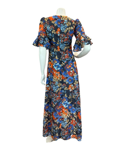 VTG 70S BLUE ORANGE FLORAL BELL SLEEVE EMPIRE MAXI DRESS 8