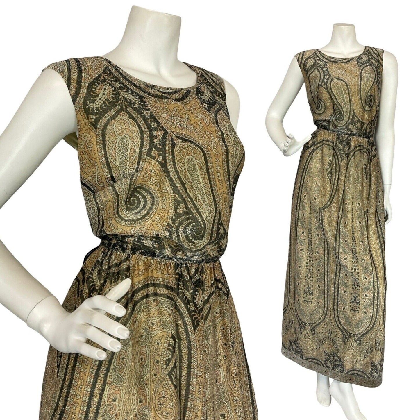 VTG 60S 70S CREAM GOLD BLACK PAISLEY BOHO HIPPY EVENING PARTY MAXI DRESS 12