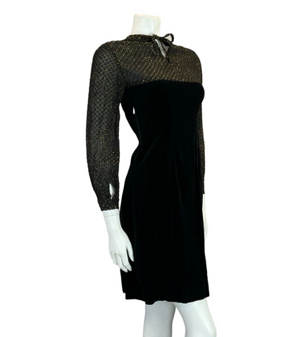 VTG 60S 70S BLACK VELVET MESH GOLD POLKA DOT EVENING PARTY KEYHOLE MINI DRESS 8