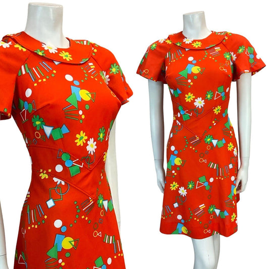 VTG 70S GEOMETRIC FLORAL DAISY MINI DRESS RED GREEN BLUE YELLOW 6 8