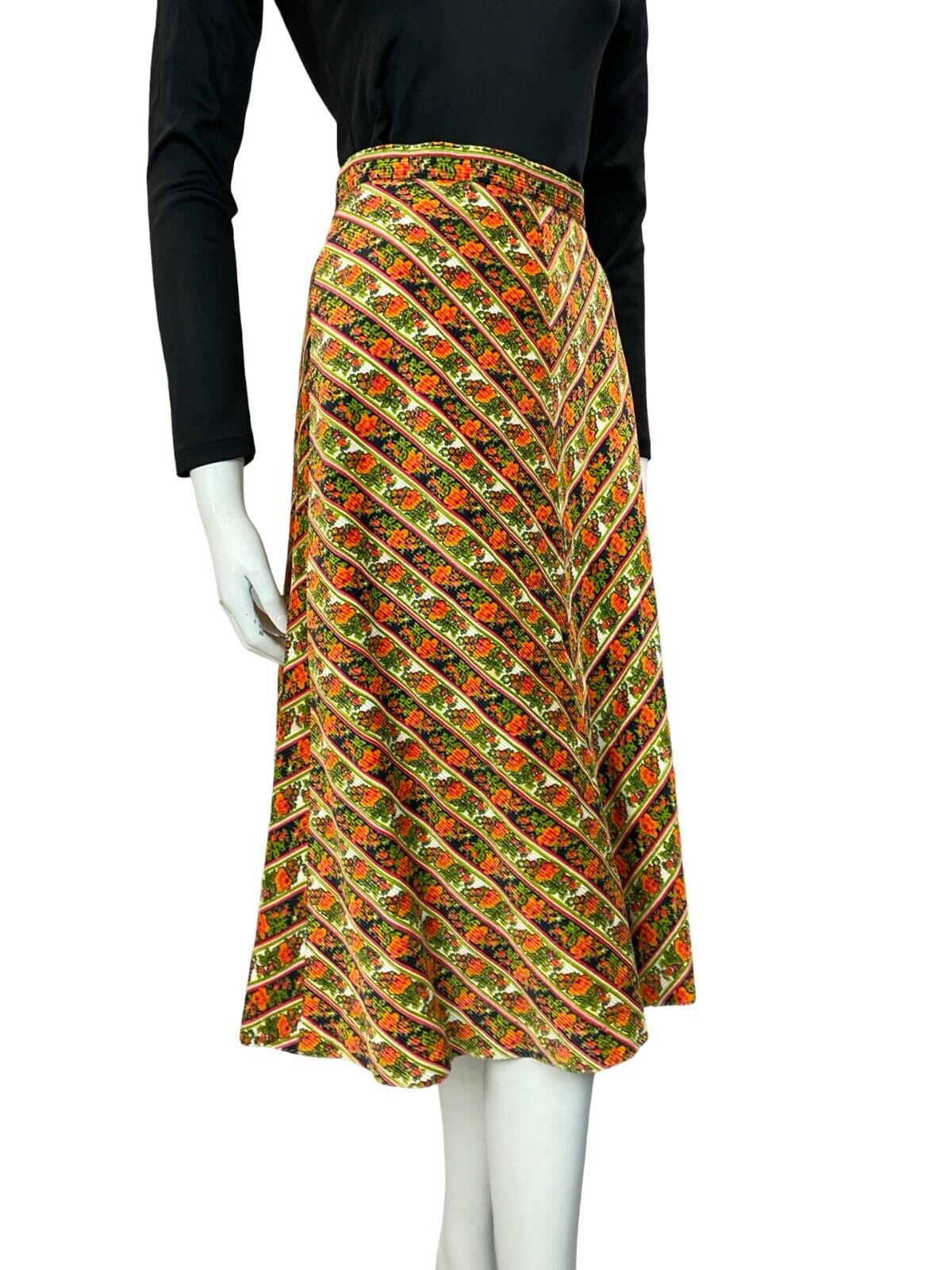 VTG 70S FOLK HIPPY FLORAL BOHO STRIPE MIDI SKIRT SIZE S 8 10