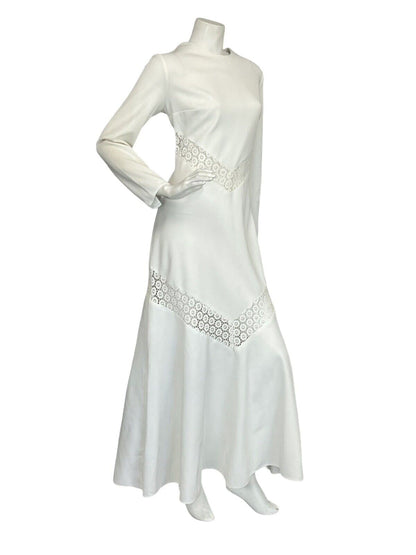 VTG 70S BOHO HIPPY WHITE LACE BRIDAL LONG SLEEVE MAXI DRESS 10 12