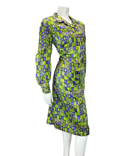 VINTAGE 60s 70s GREEN PURPLE BROWN GEOMETRIC TILED MOD SHIRT DRESS 16 18