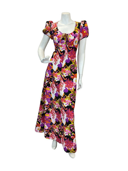 VTG 70S PSYCHEDELIC FLORAL EMPIRE MAXI DRESS PINK PURPLE WHITE ORANGE RED 10 12