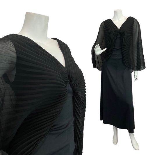 VINTAGE 60s 70s BLACK PLEATED CAPE SLEEVE EVENING ELEGANT GOWN MAXI DRESS 10 12