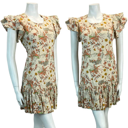 VTG 70S DANDELION FLORAL PRINT BROWN ORANGE GREEN RUFFLE MINI DRESS 10