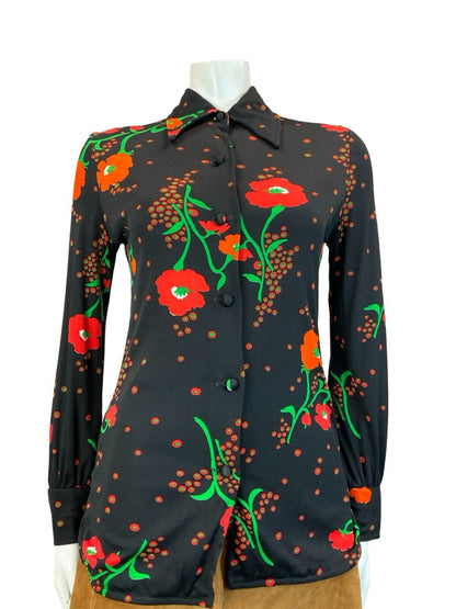 VTG BLACK RED GREEN FLORAL POPPY PSYCHEDELIC LONG SLEEVE SHIRT SIZE 8 10 S