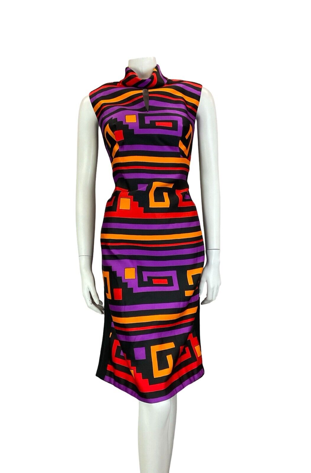 VTG 60S MOD BLACK PURPLE RED YELLOW FUNNEL NECK SLEEVELESS MIDI DRESS