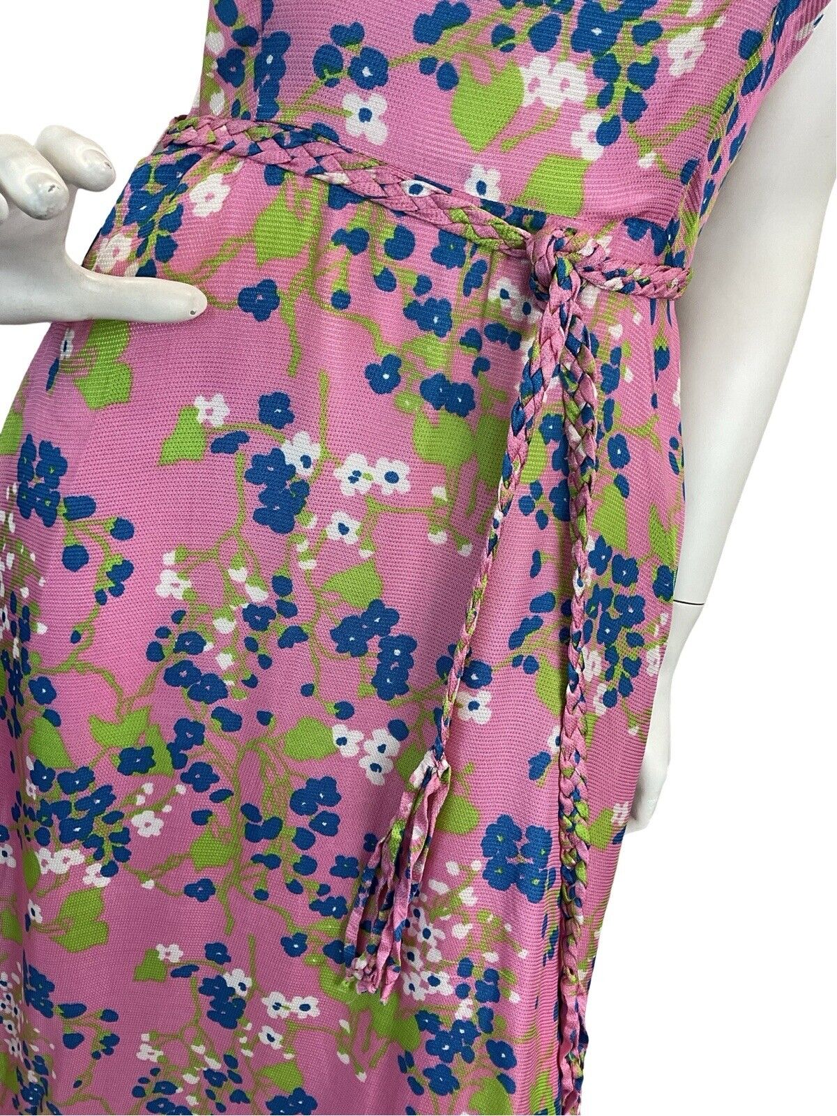 VTG 60s 70s PINK MULTICOLOUR FLORAL PATTERN SQUARE NECK PRAIRIE MAXI DRESS 6 8