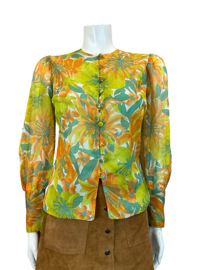 VTG 60S 70S GREEN ORANGE PSYCHDELIC FLORAL BISHOP SLEEVE BLOUSE SIZE 10 12