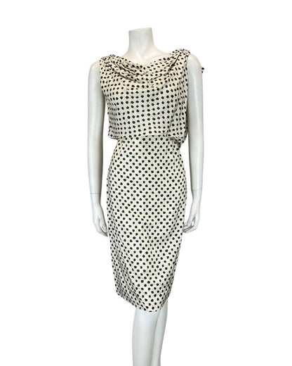 VINTAGE 60s IVORY BLACK POLKA-DOT PIERRE BALMAIN BY TORELLA WIGGLE DRESS 10 12