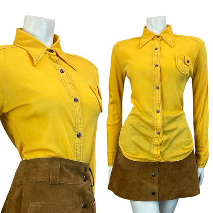 VTG 60S 70S YELLOW LONG SLEEVE SHIRT WITH DECORATIVE POCKET SIZE 8